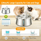 134oz/4L Automatic Stainless Steel Cat Water Fountain With Water Level Window Indoor Pet Water Dispenser With Faucet Kit