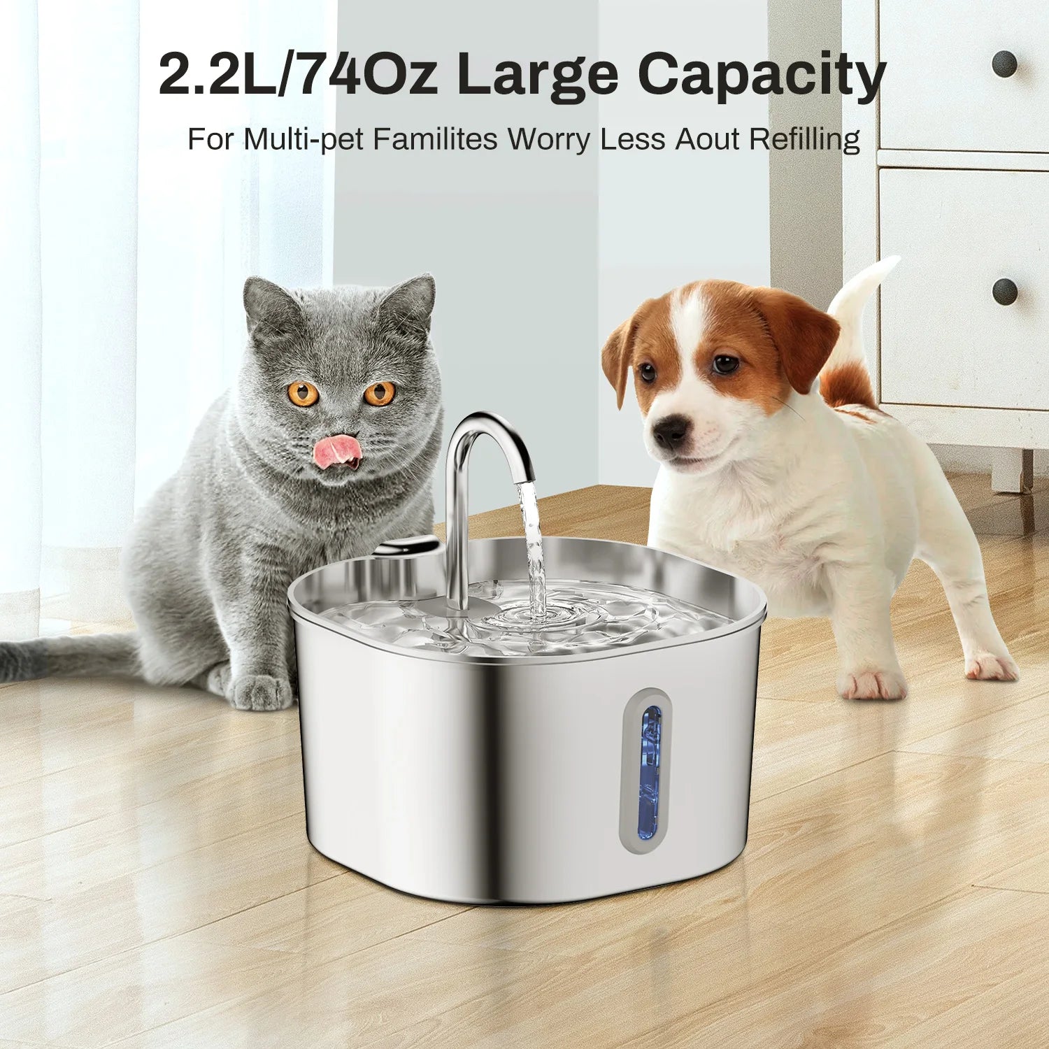 2.2L Stainless Steel Cat Water Fountain with 4pcs Filters Pet Water Dispenser Dog Drinking Fountain with Ultra Quiet Water Pump