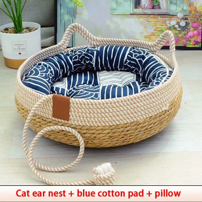 Removable Woven Cat Bed Upholstery Sleeping House Cat Scratch Floor Rattan Wear-resistant Washable Cat Cave Pet Supplies