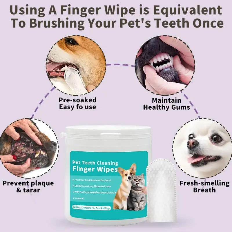 50pcs Soft Pet Teeth Cleaning Finger Wipes Remove Bad Breath and Plaque Tartar Disposable Dog and Cat Toothbrush Finger Wipes