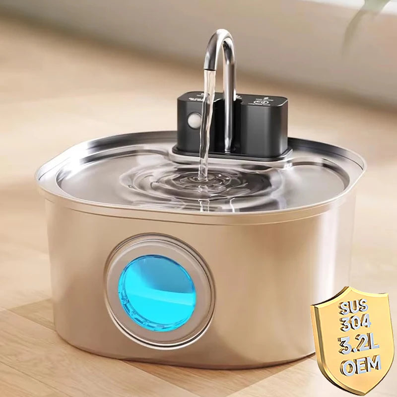 3.2L Automatic Cat Water Fountain USB Rechargeable 4000mah Battery Dual Power Wireless Pet Fountain Stainless Steel