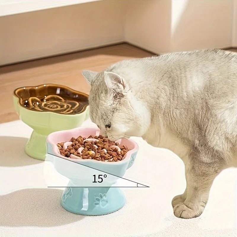 Colorful High-Footed Slow Feeder Ceramic Cat Bowls Anti-Spill Neck Protecting Pet Bowl for Small Dogs and Cats