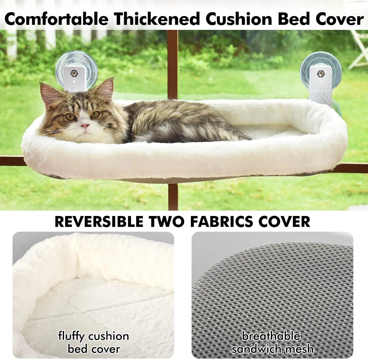 Cordless Cat Hammock Window Perch Window for Cats with 4 Strong Suction Cups Solid Metal Frame and Soft Cover Indoor Cat Bed