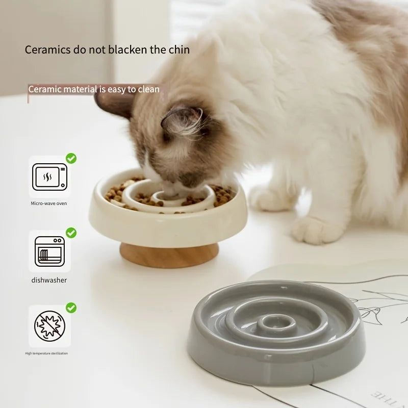 Ceramic Cat Bowl Slow Feeder Bowl for Pets Anti-Chok Cat Food and Water Dish with Neck Protection Wood Stand-for Dogs