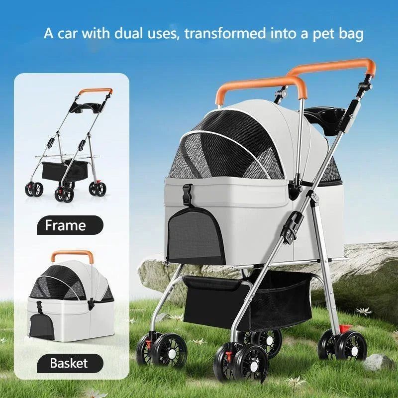 Foldable Pet Stroller for Dogs Cats Lightweight with Bag Detachable External Push Dog Walking Detachable Dog Carry