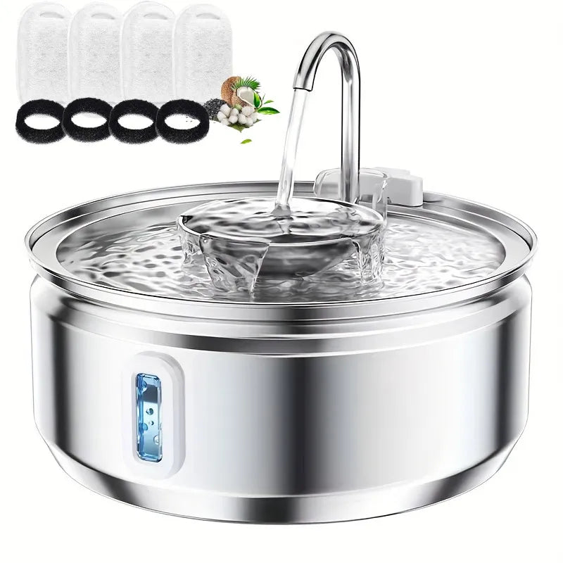 4pcs Filters Automatic Cat Fountain 3.2L/108oz Stainless Steel Pet Water Fountain for Cats Drinking Bowl Cat Water Dispenser