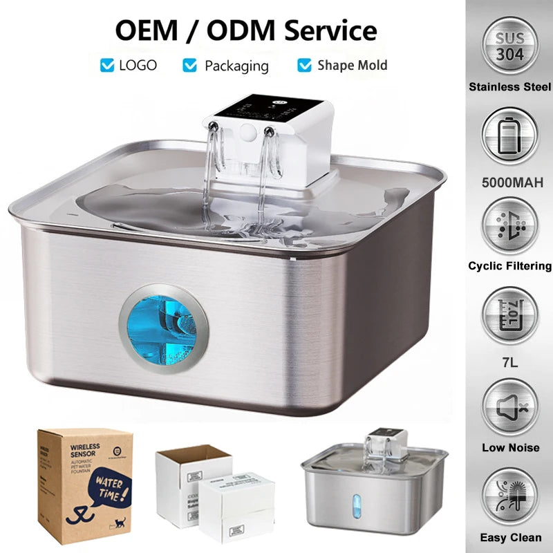 2026 New 7L/236oz Wireless Cat Water Fountain Sensor Stainless Steel Ultra Quiet Dog Water Fountain with Non-slip Mat OEM ODM