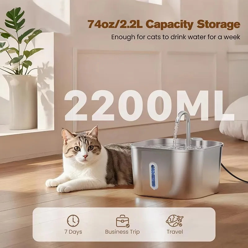 OEM Stainless Steel 2.2L Automatic Pet Water Dispenser Cat Water Fountain with Water Level Window New Cat Products ODM Custom
