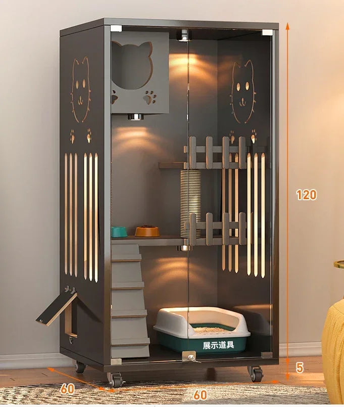 Retro Solid Wood Cat Cage for Living Room Cat House Two-layer One-piece Movable Light Luxury Creative Household Cage for Cats