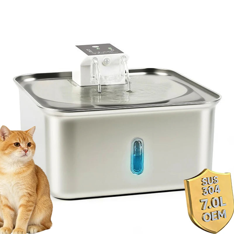 7L/236oz Wireless Cat Water Fountain Stainless Steel Quiet Dog Water Fountain with Motion Sensor Smart Multi-Pet Water Dispenser