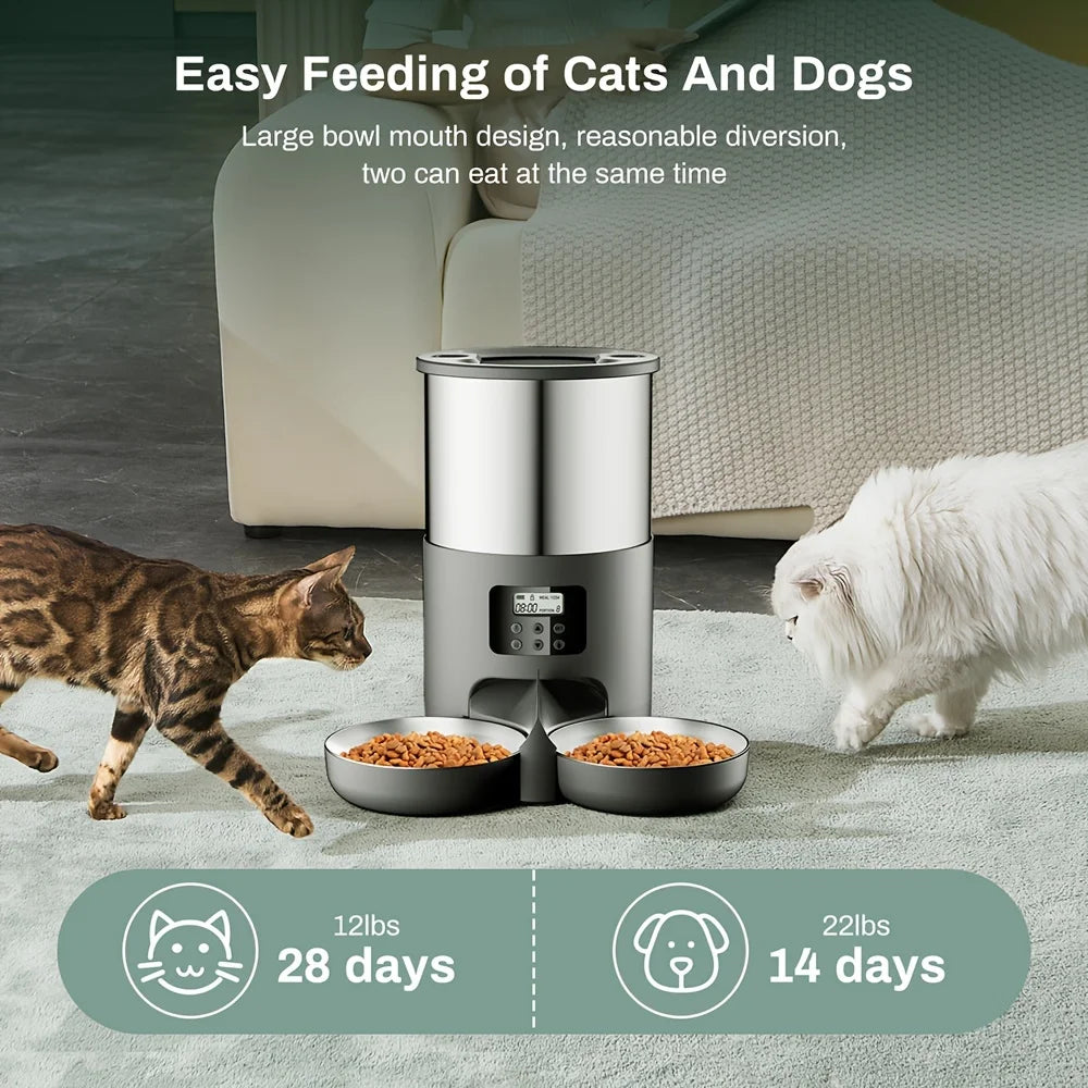 Dual Bowls Automatic Pet Feeder for Cats and Small to Medium Dogs 4.5L Stainless Steel Dispenser with Dual Power Button Control