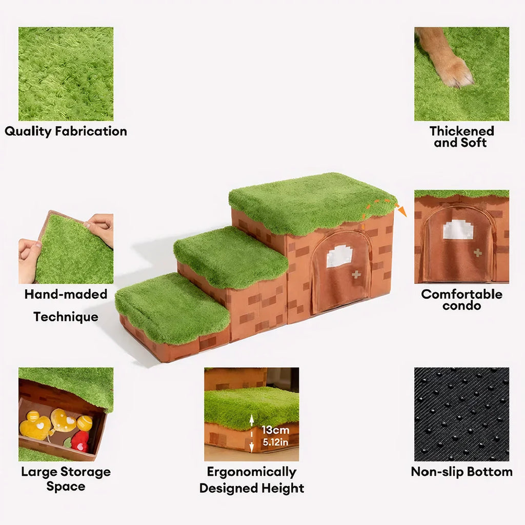 Luxury Retro Pixel 3-Step 2-Step Foldable Dog Steps Handcrafted Non-slip PawGame Blocky Design with Storage for Small Dogs Cats