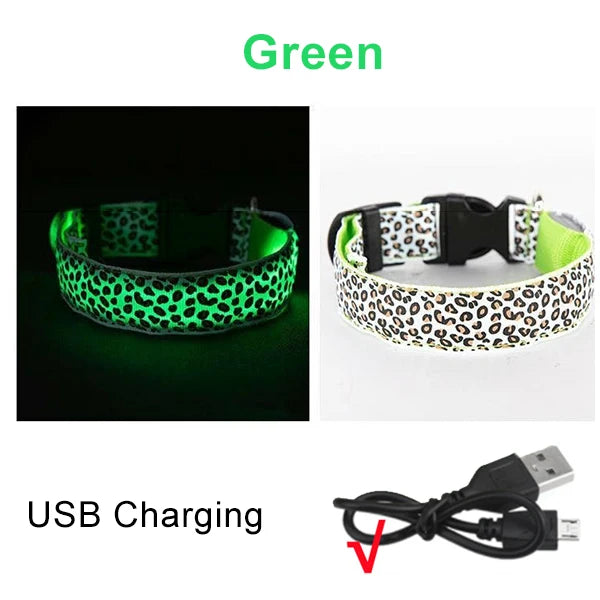 Adjustable Nylon LED Dog Collar Luminous Leopard Print Glowing Lights Electronic Pet Collars Night Safety Flashlight LED Collars