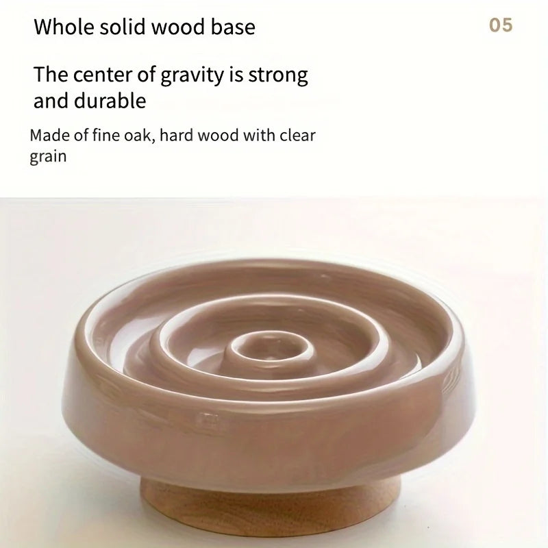 Ceramic Cat Bowl Slow Feeder Bowl for Pets Anti-Chok Cat Food and Water Dish with Neck Protection Wood Stand-for Dogs
