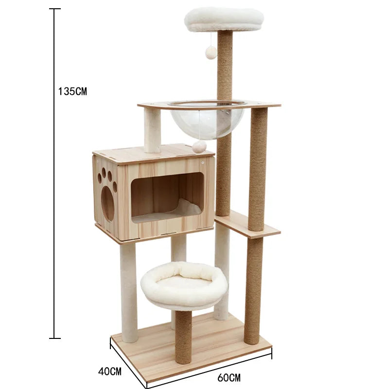 Eco-Friendly Cat Scratcher Tower with Sisal Posts and Wood Frame Cat Toys Tree Hammock Climbing Frame Carton Packed