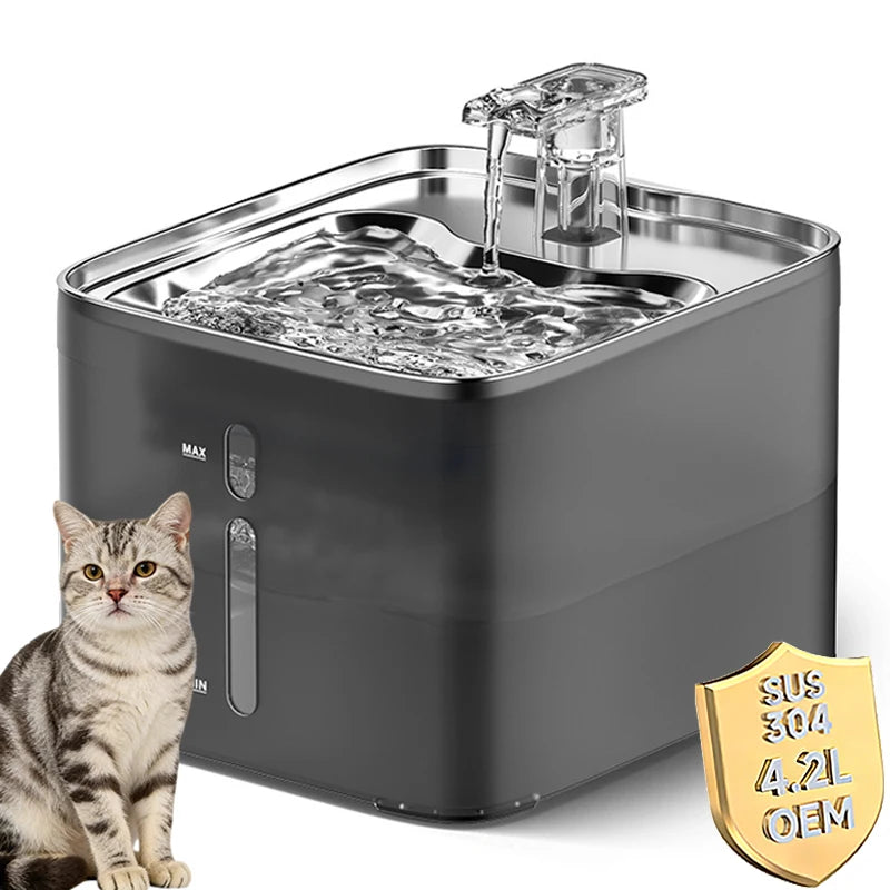 4.2L Stainless Steel Smart Pet Water Dispenser Charge Cat Dog Feeder Double Bowl Durable Automatic Quadrate Indoor Use Fountain