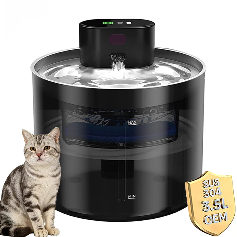 3.5L Rechargeable 5000mAh OEM Automatic Cat Water Fountain Sensor Screen Touch Control Stainless Steel Easy Clean Cat Fountain