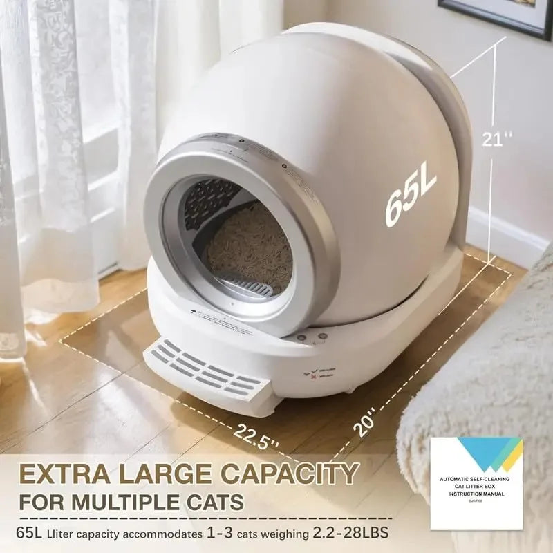 Self Cleaning Plastic Cat Litter Box 65L Extra-Large Capacity Automated Multiple Cats APP Control Safe Low Noise