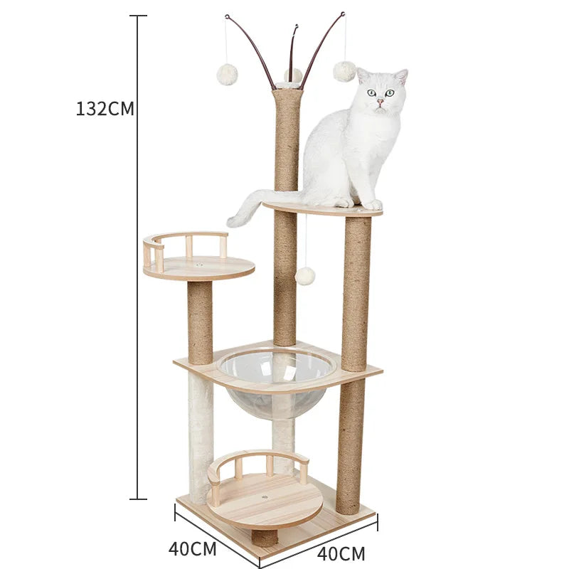 Eco-Friendly Cat Scratcher Tower with Sisal Posts and Wood Frame Cat Toys Tree Hammock Climbing Frame Carton Packed