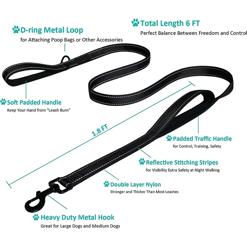 Reflective Dog Leash 2 Handles by Padded Traffic Handle for Extra Control Perfect for Medium to Large Dog Products