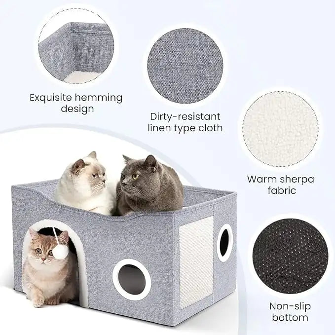 Cat House for Indoor Cat Bed Cave with Fluffy Ball Scratch Pad Foldable Cat Hideaway Covered for Multi Small Pet Large Kitty
