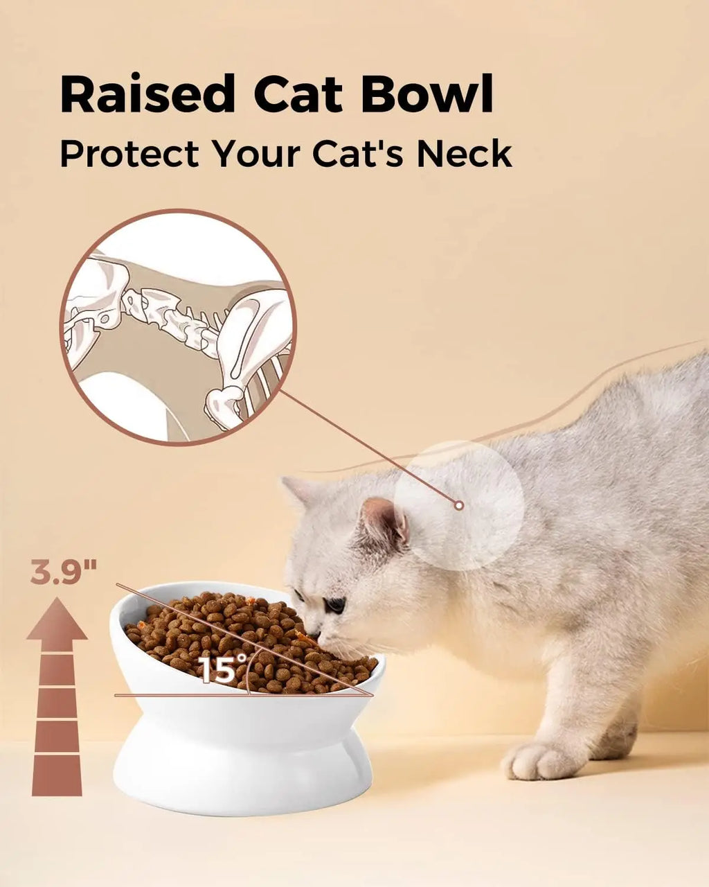 Elevated Cat Food Bowl 5 Oz Ceramic Raised and Tilted Water Bowl Anti Vomiting and Protect Pets' Spines Dishes for Small Dog Cat