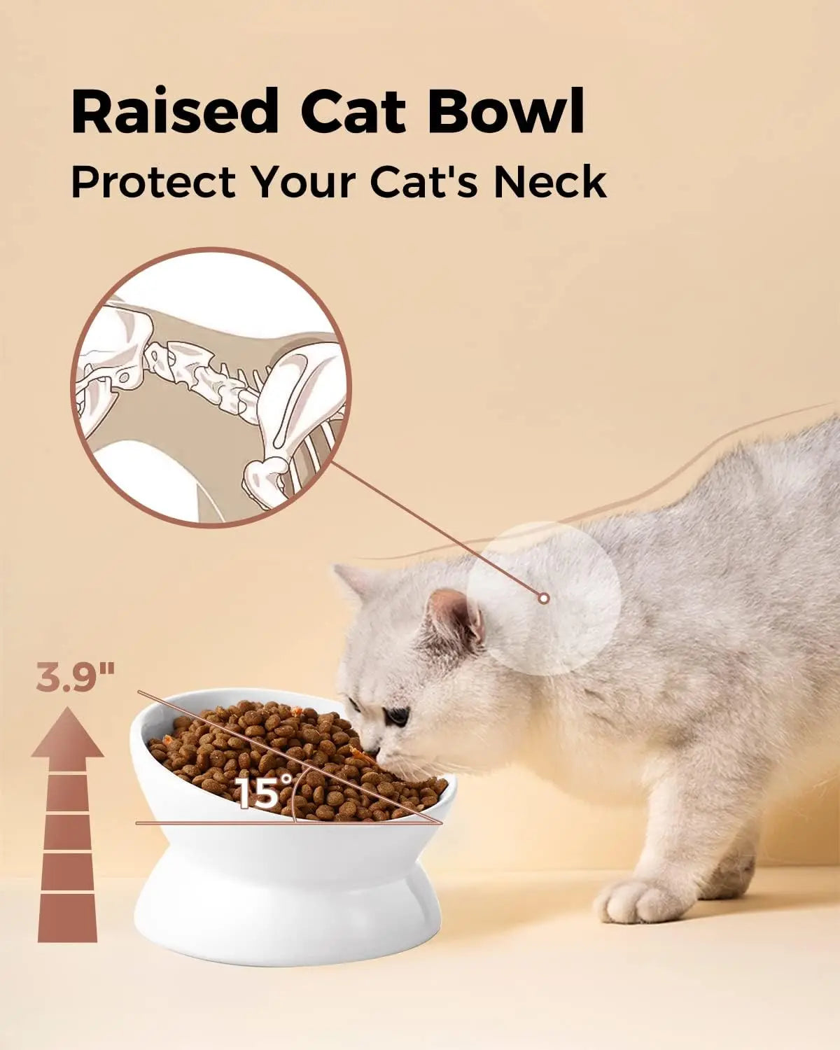 Elevated Cat Food Bowl 5 Oz Ceramic Raised and Tilted Water Bowl Anti Vomiting and Protect Pets' Spines Dishes for Small Dog Cat