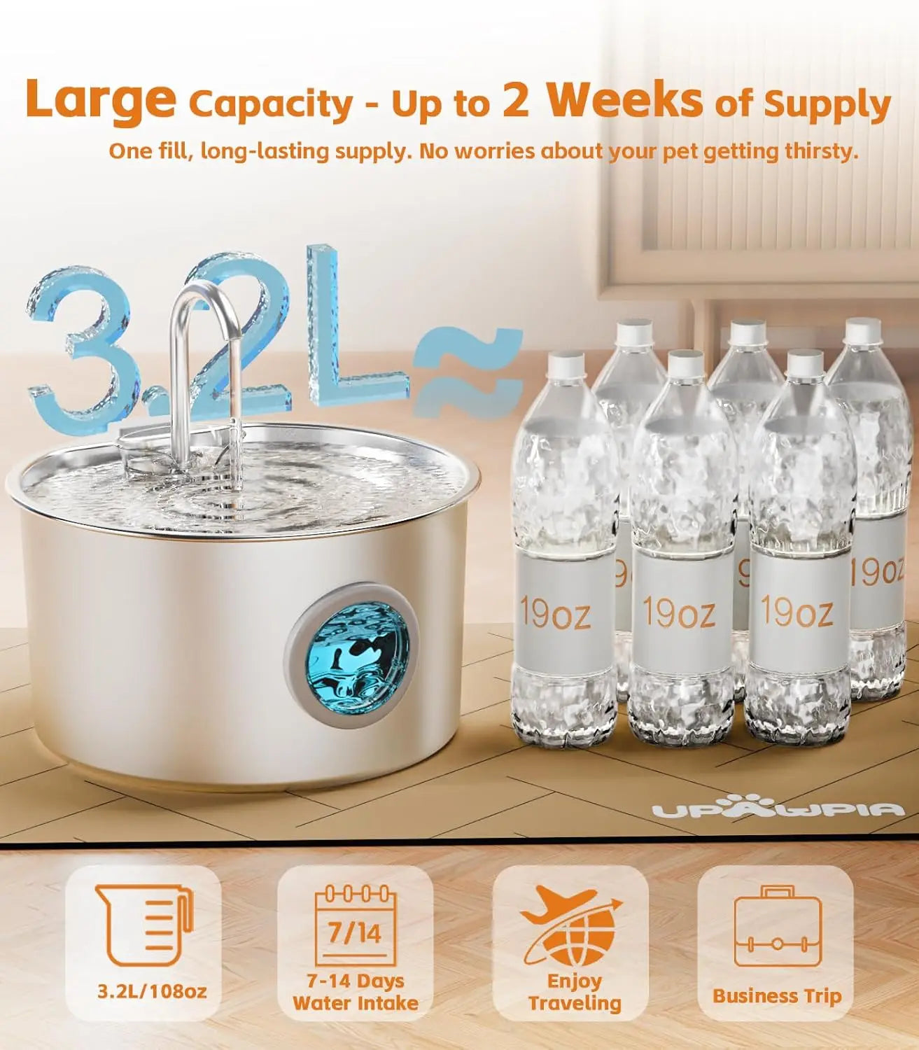 Cat Water Fountain Stainless Steel 108oz/3.2L Automatic Pet Water Fountain for Cats/Dogs Indoor Metal Cat Fountains for Drinking
