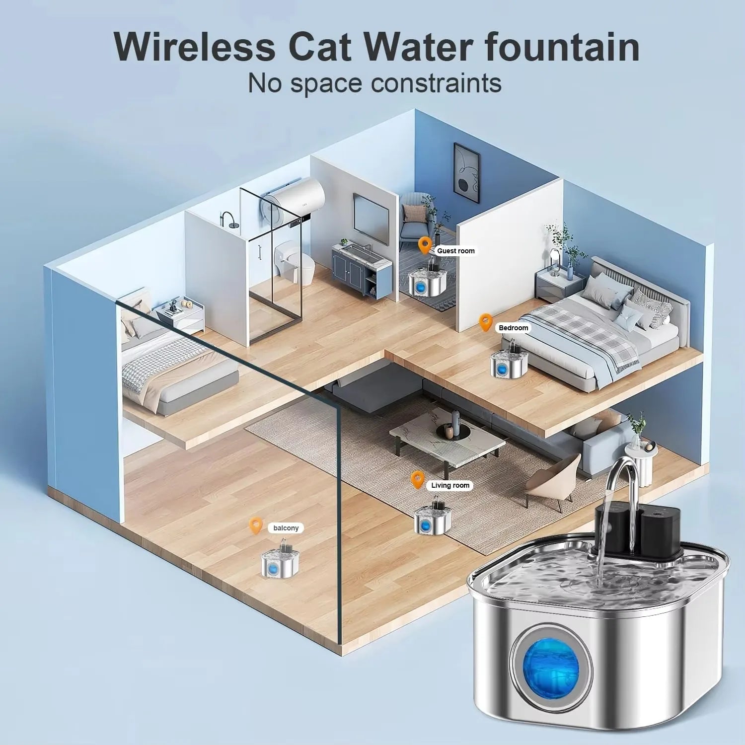 3.2L Motion Sensor Automatic Cat Fountain USB Rechargeable Battery Dual Power Indoor Wireless Pet Fountain Stainless Steel