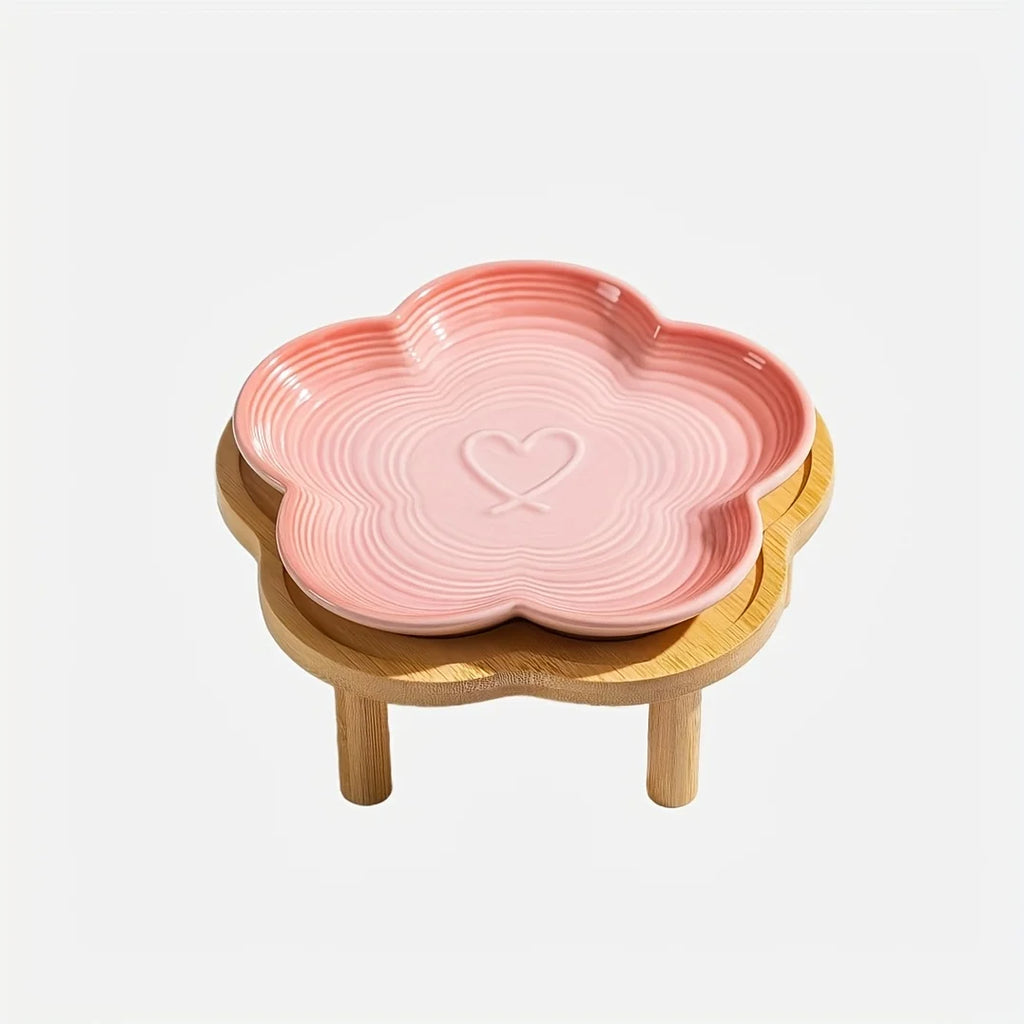 Gradient Color Ceramic Cat Bowl with Plum Blossom Design and Wooden Stand Anti-Slip Cat & Dog Feeding Dish for Neck Protection