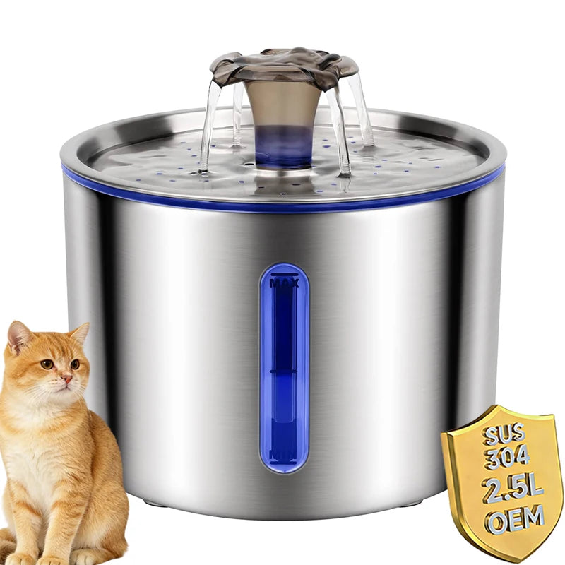 Auto Power-off Stainless Steel Automatic Cat Water Fountain 84oz/2.5L with LED Light Non-slip Mat Pet Water Dispenser