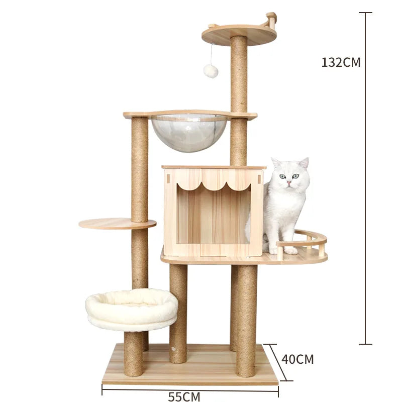 Eco-Friendly Cat Scratcher Tower with Sisal Posts and Wood Frame Cat Toys Tree Hammock Climbing Frame Carton Packed