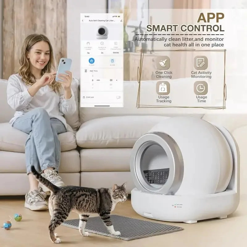 Self Cleaning Plastic Cat Litter Box 65L Extra-Large Capacity Automated Multiple Cats APP Control Safe Low Noise