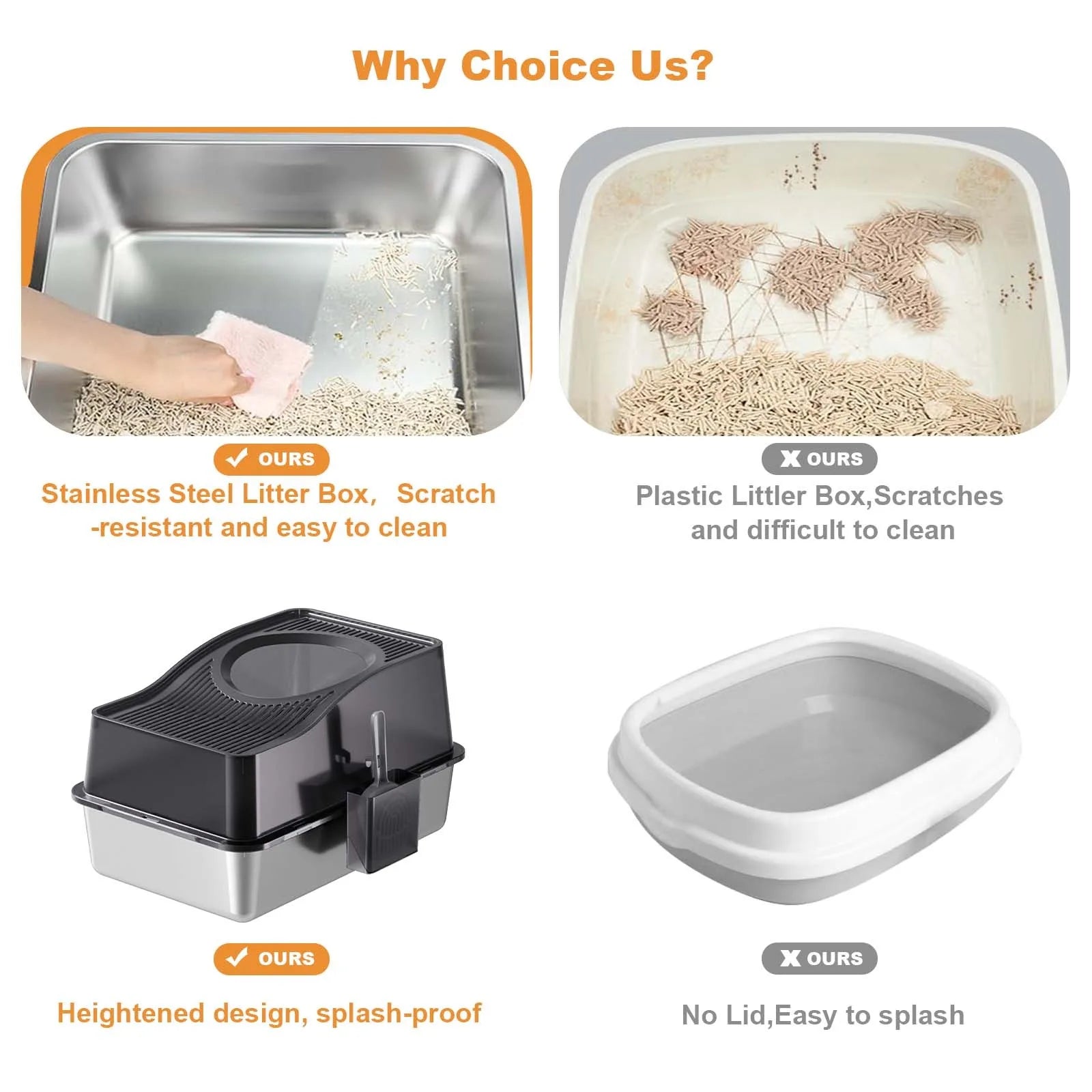 Custom Semi-Enclosed Stainless Steel Cat Litter Box With Ventilated Lid High Walls Anti Splash Top Entry Cat Toilet with Handle