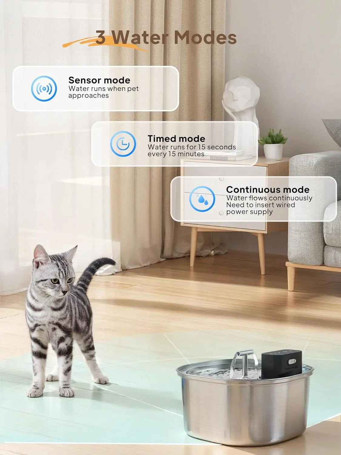 OEM 108oz/3.2L Stainless Steel Cat Water Fountain 4000mah Battery ODM Custom Wireless Automatic Drinking Fountain Dual Outlet