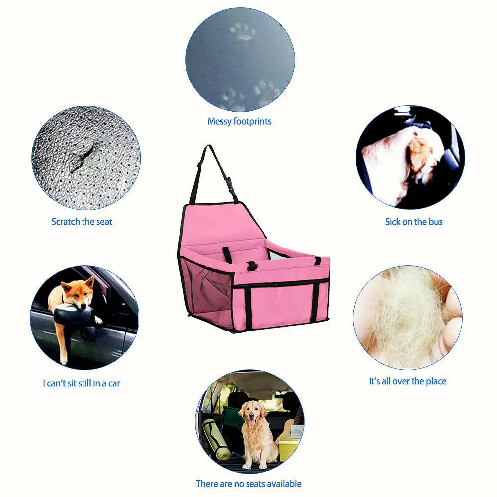 Folding Dog Car Seat Travel Booster Seat Safety Belt Washable Breathable Double-Sided Cushion Storage Pocket Summer Pet