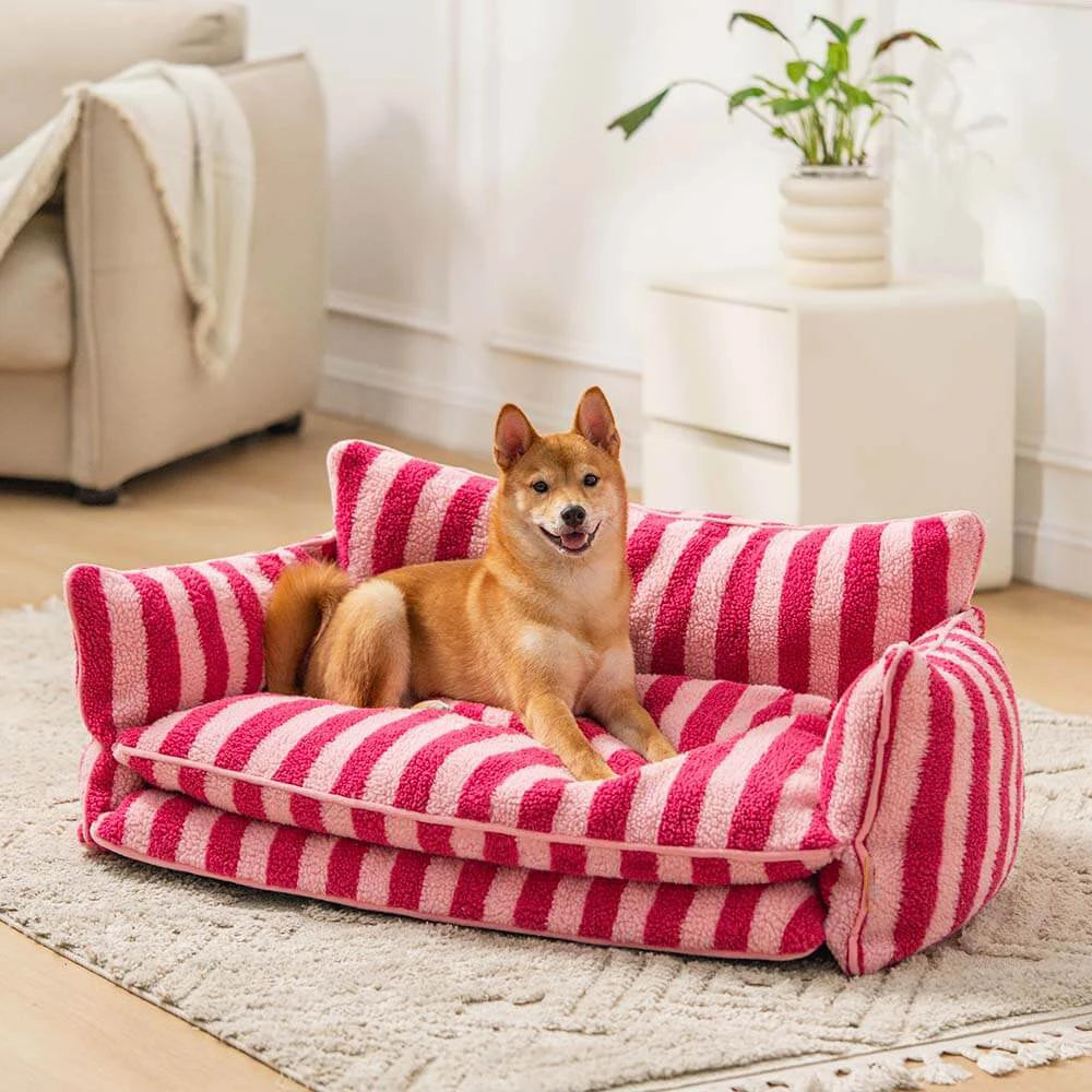 Trendy Eco-Friendly & Breathable Double Layer Dog & Cat Sofa Bed Luxury Cat Products Custom LOGO Striped Lambswool Couch Bed