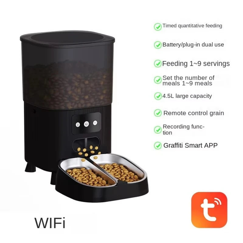 OEM 4.5L Large Capacity Automatic Cat Feeder Eco-Friendly Durable Bowls Plastic APP Voice Rechargeable Smart Pet Feeder