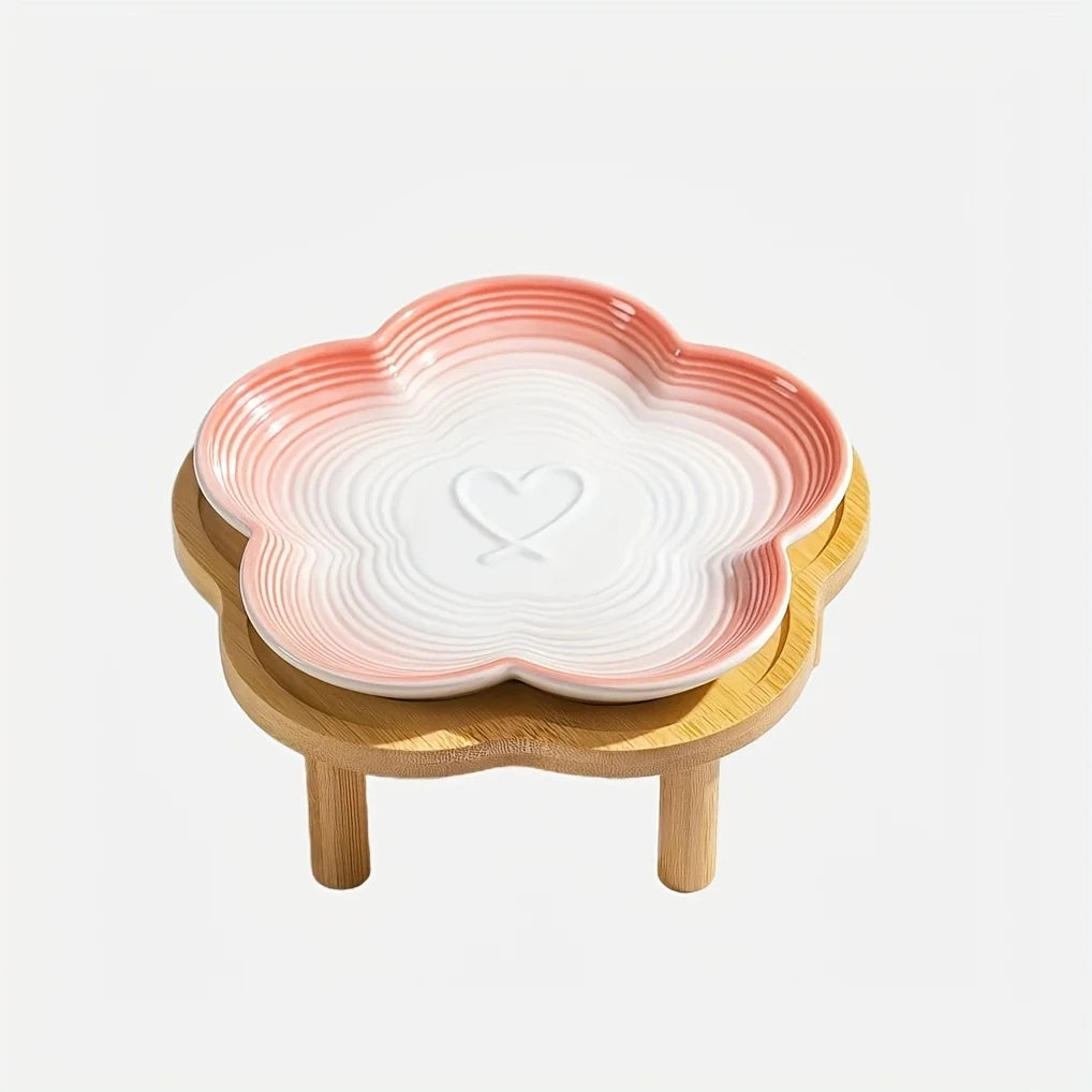 Gradient Color Ceramic Cat Bowl with Plum Blossom Design and Wooden Stand Anti-Slip Cat & Dog Feeding Dish for Neck Protection