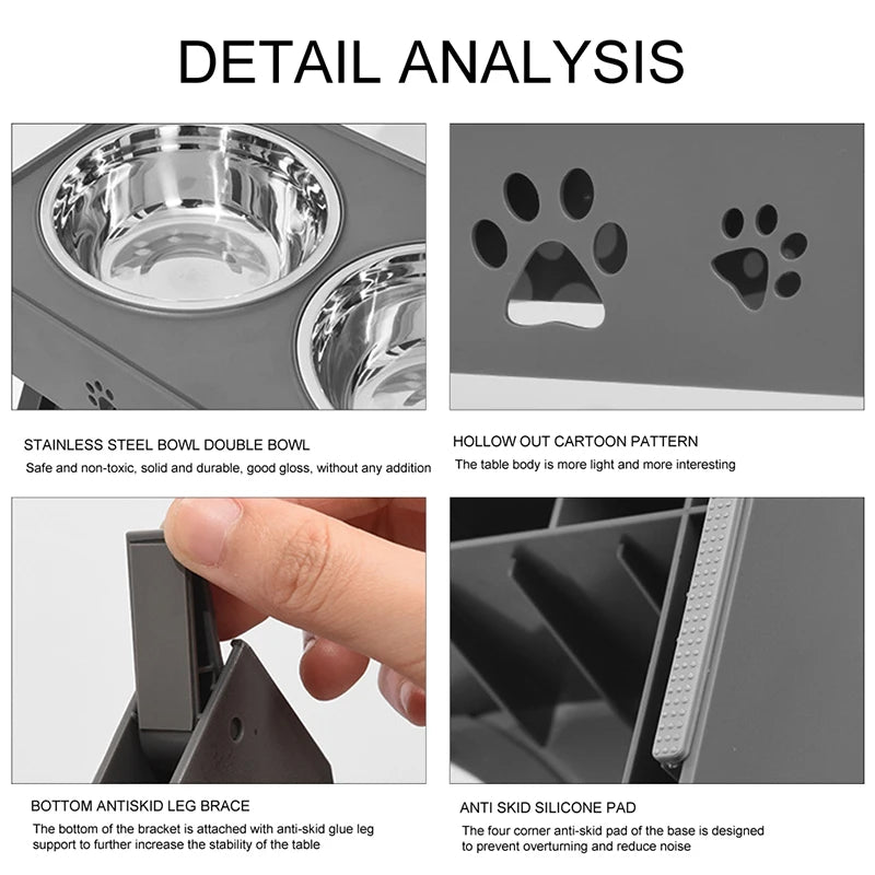 Raised Pet Bowl Stainless Steel Double Bowls Stand Non-Slip No Spill Dog Smart Height Adjusts Cervical Protectionto Large Dogs