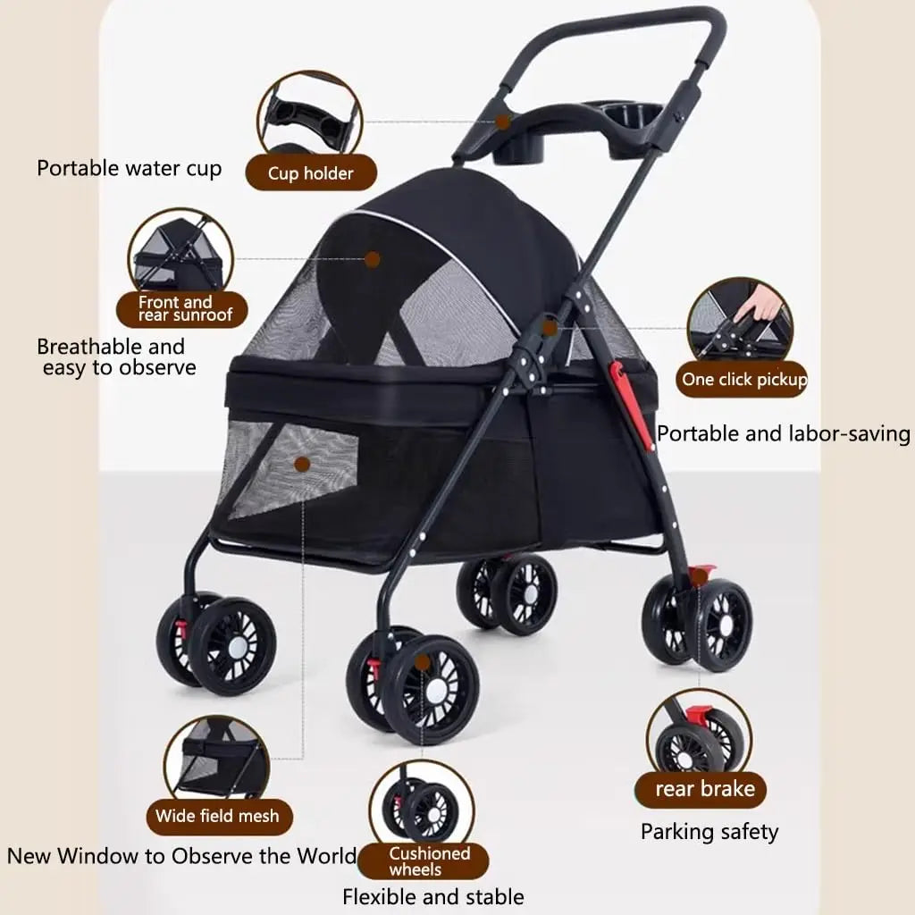 Pet Stroller Small Pull Cart Puppy Dog Walking Cart Lightweight Foldable Oxford Adjustable Zipper for Outdoor Use