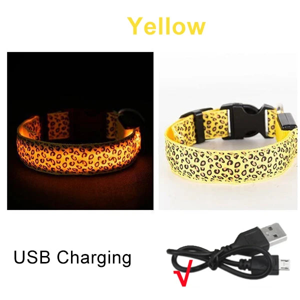 Adjustable Nylon LED Dog Collar Luminous Leopard Print Glowing Lights Electronic Pet Collars Night Safety Flashlight LED Collars