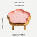 Gradient Color Ceramic Cat Bowl with Plum Blossom Design and Wooden Stand Anti-Slip Cat & Dog Feeding Dish for Neck Protection