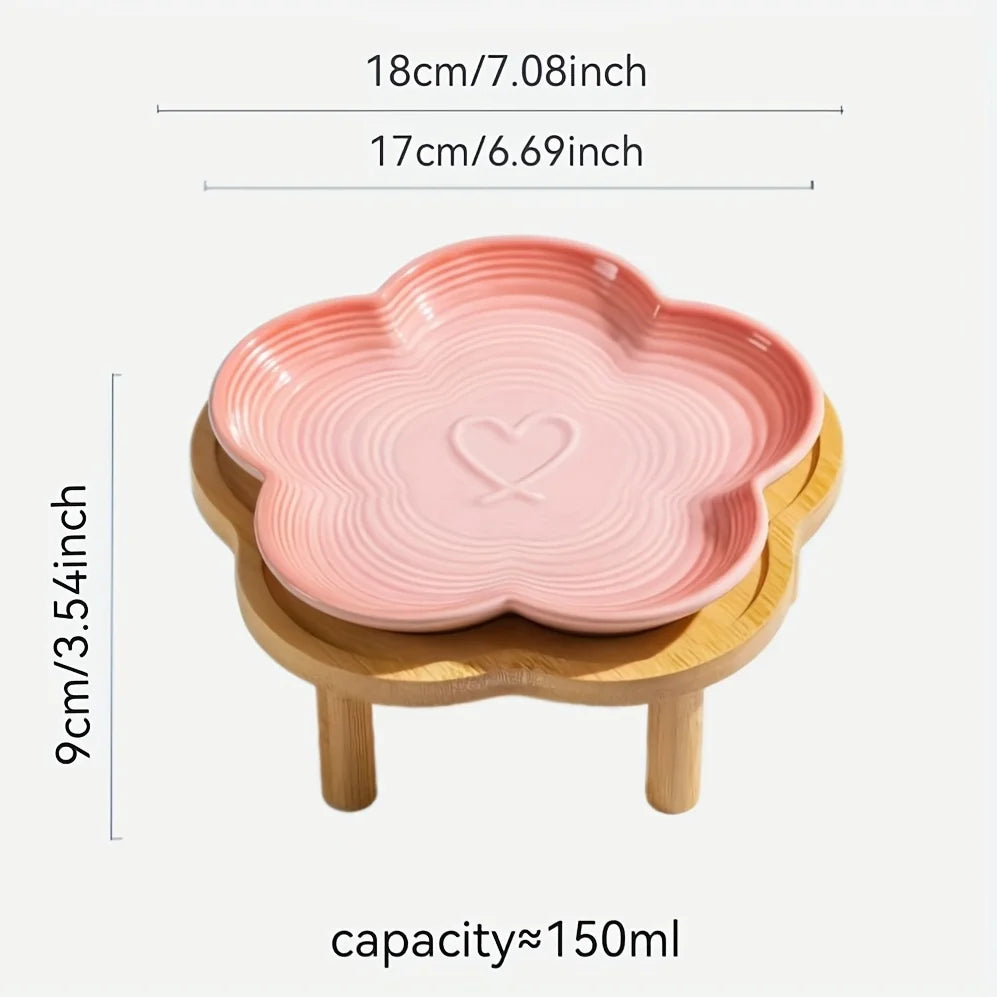 Gradient Color Ceramic Cat Bowl with Plum Blossom Design and Wooden Stand Anti-Slip Cat & Dog Feeding Dish for Neck Protection