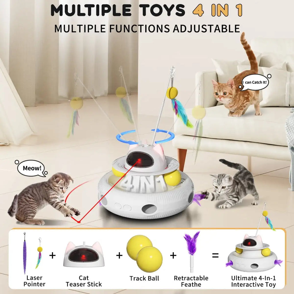 4 in 1 Interactive Cat Toys with USB Rechargeable Smart Cat Teaser Stick Feather Wand for Indoor Cat Toys Ball Pet Accessories