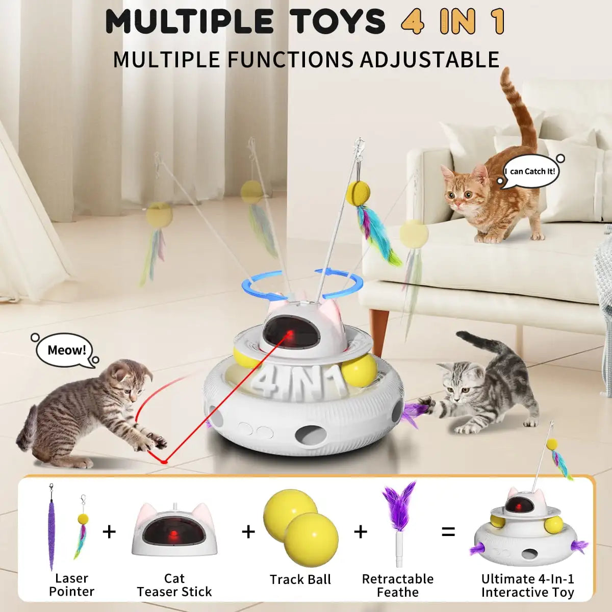 4 in 1 Interactive Cat Toys with USB Rechargeable Smart Cat Teaser Stick Feather Wand for Indoor Cat Toys Ball Pet Accessories