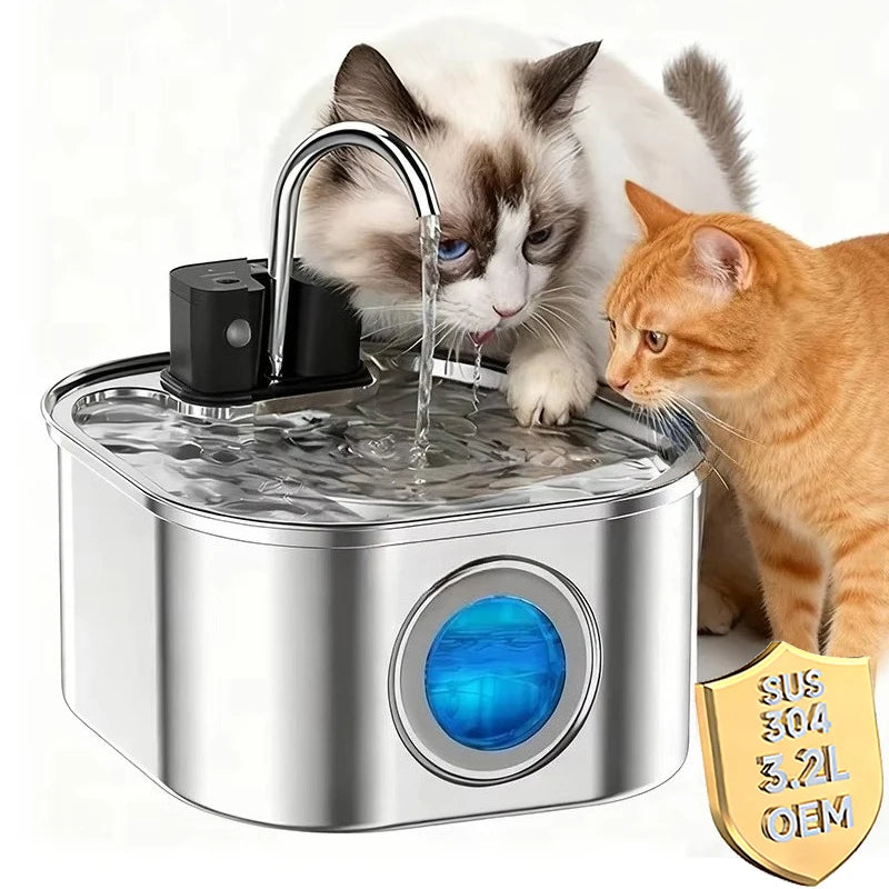 3.2L Stainless Steel Automatic Pet Water Dispenser with Motion Sensor & Battery Power OEM 4000mAh Gravity-Fed Cat Water Fountain