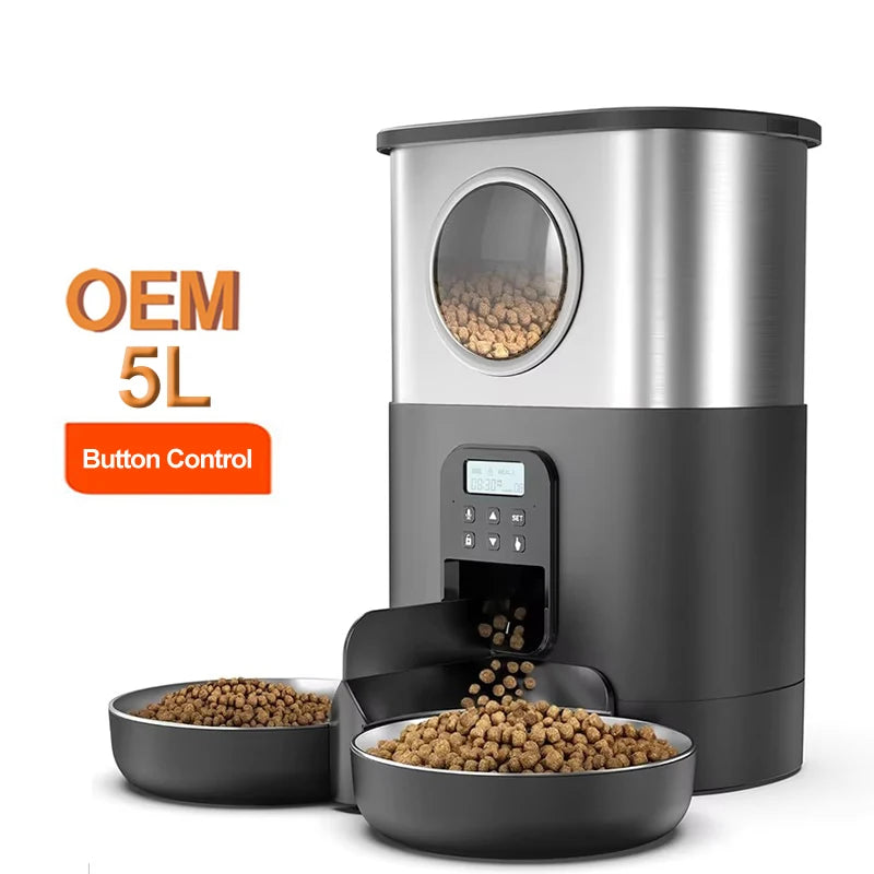 5L Automatic Cat Feeders for Two Cats Stainless Steel 2 Bowls Pet Feeder for Cats Dogs Timed Cat Feeder Pet Dry Food Dispenser