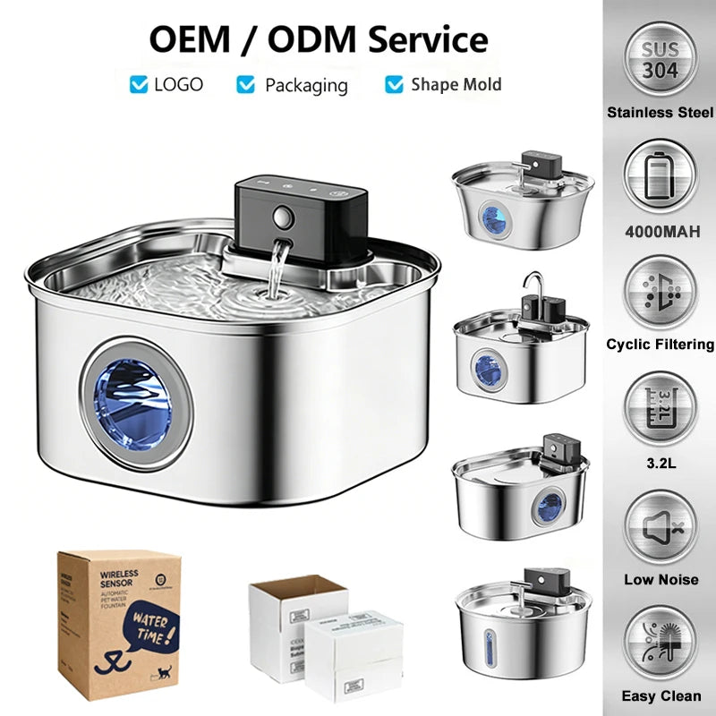 OEM ODM 3.2L Stainless Steel Wireless Automatic Cat Water Fountain Cordless 4000mah Battery Power Portable Motion Sensor Indoor