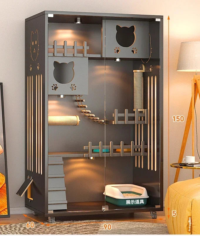 Retro Solid Wood Cat Cage for Living Room Cat House Two-layer One-piece Movable Light Luxury Creative Household Cage for Cats